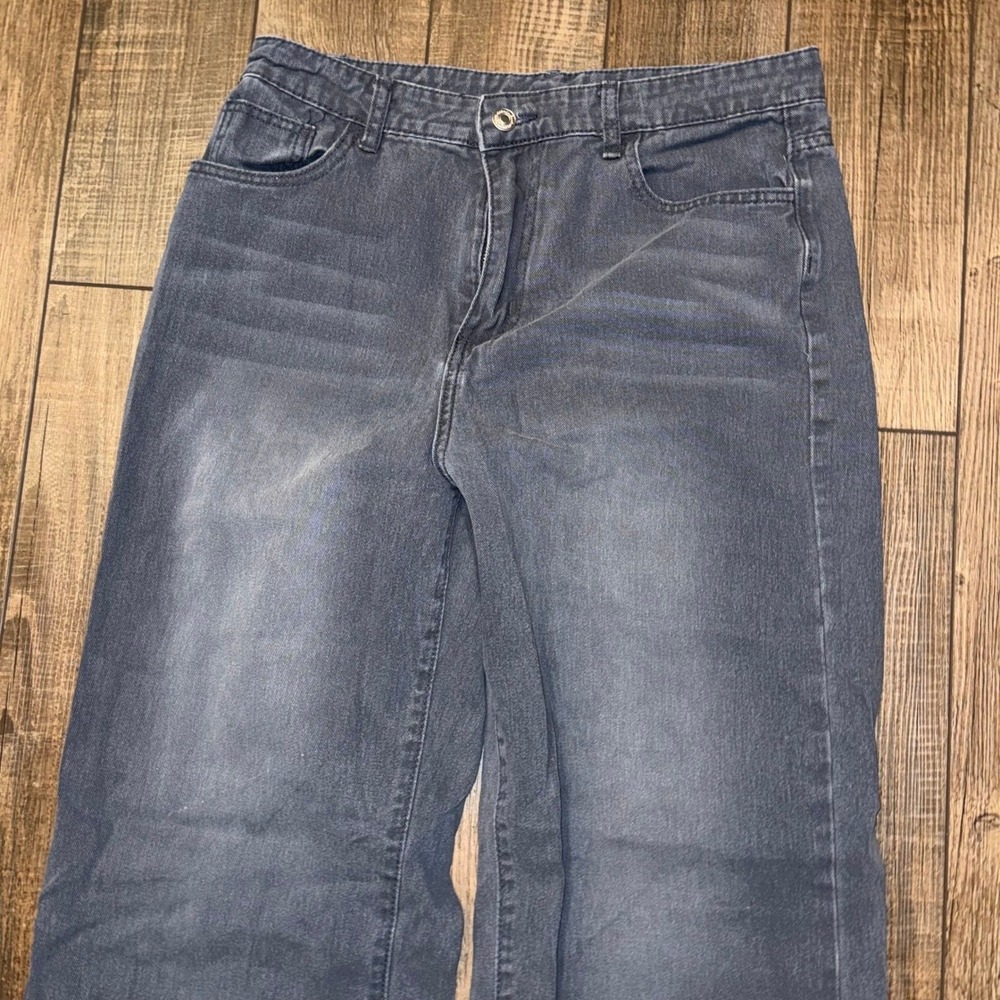 Unbranded Women Charcoal Grey Wide Leg Baggy Jeans Faded Wash High Rise Size L
